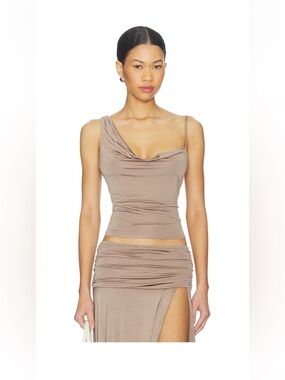 NWT.  NBD. Sleek Taupe One-Shoulder Draped Tank Top.  Skirt with large slit.